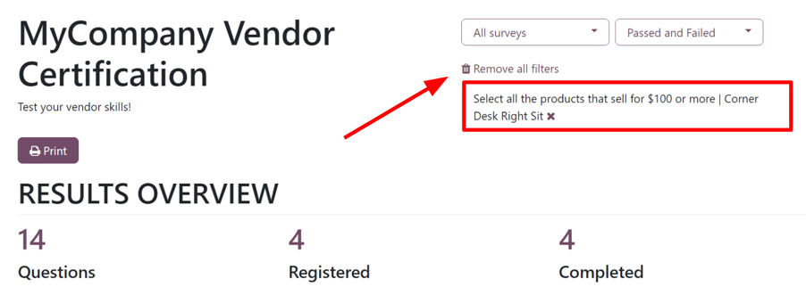 The applied filter on the 'See results' page in the NightPOS Surveys application.
