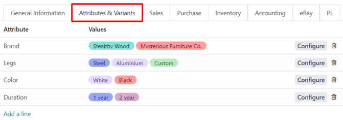 The attributes and values tab on a typical product form in NightPOS Sales.