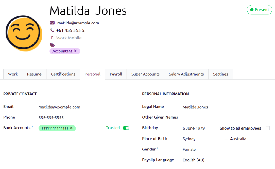 Where bank account information is located on the employee profile.