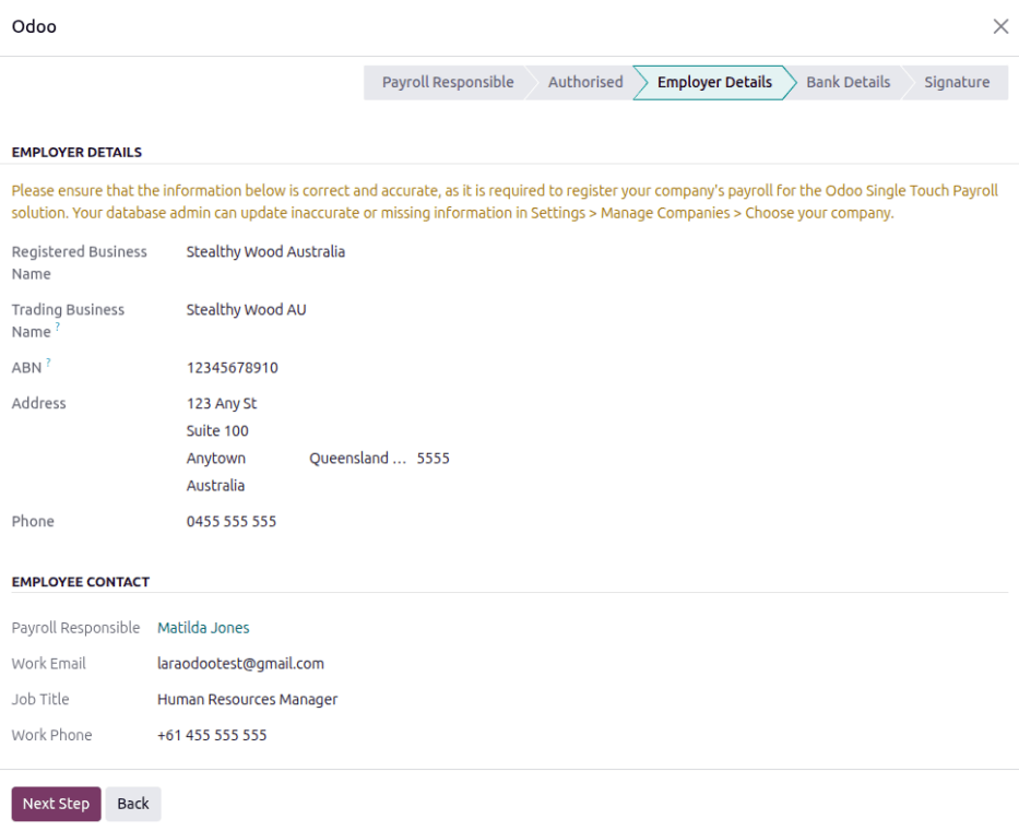 The employer and responsible page of the onboarding pop-up window.