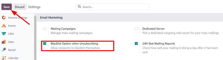 View of the blacklist feature in the Settings page of the NightPOS Email Marketing app.
