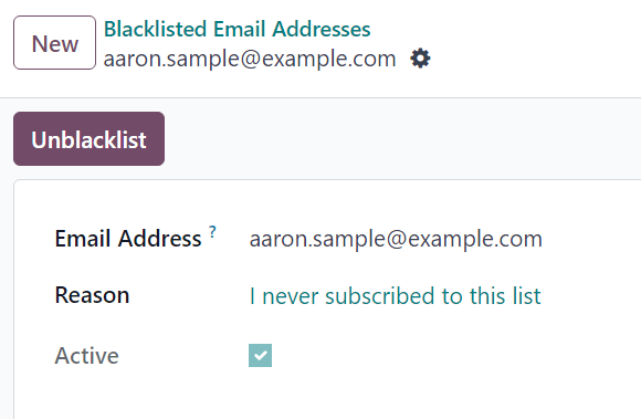View of a blacklisted contact detail form in NightPOS Email Marketing.