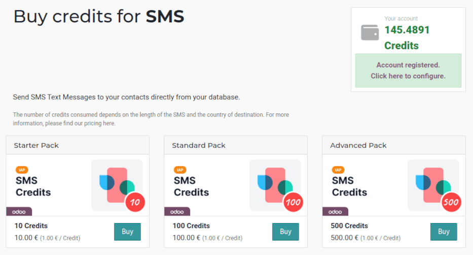 The SMS service page on IAP.NightPOS.com with four packs of credits available for purchase.
