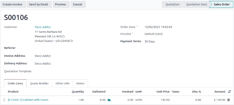 Cabinet with doors sales order that's been confirmed in the NightPOS Sales application.