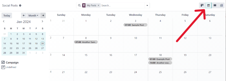 Example of the calendar view in NightPOS Social Marketing.
