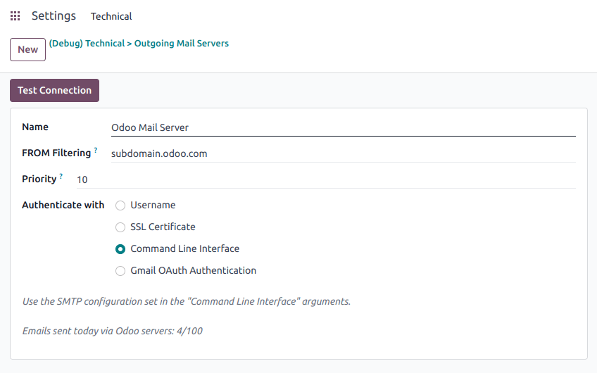 Adding a mail server using the NightPOS's mail server with the CLI authentication.