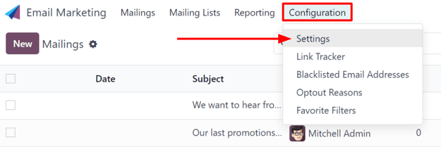 View of the Configuration menu with Settings page in the NightPOS Email Marketing application.