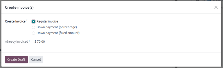 The deduct down payment option on the Create invoice(s) pop up in NightPOS Sales.