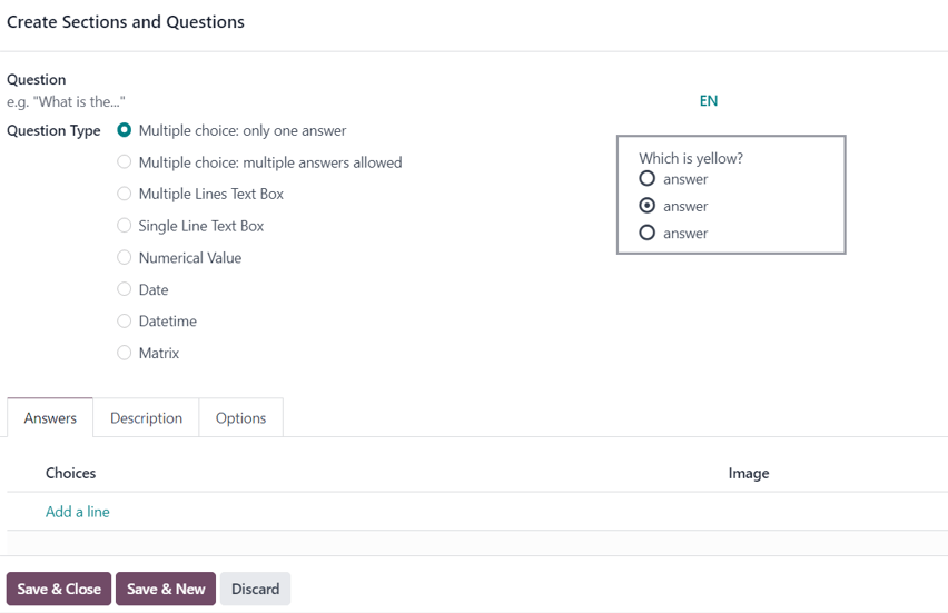 The Create Sections and Questions pop-up form in NightPOS Surveys.