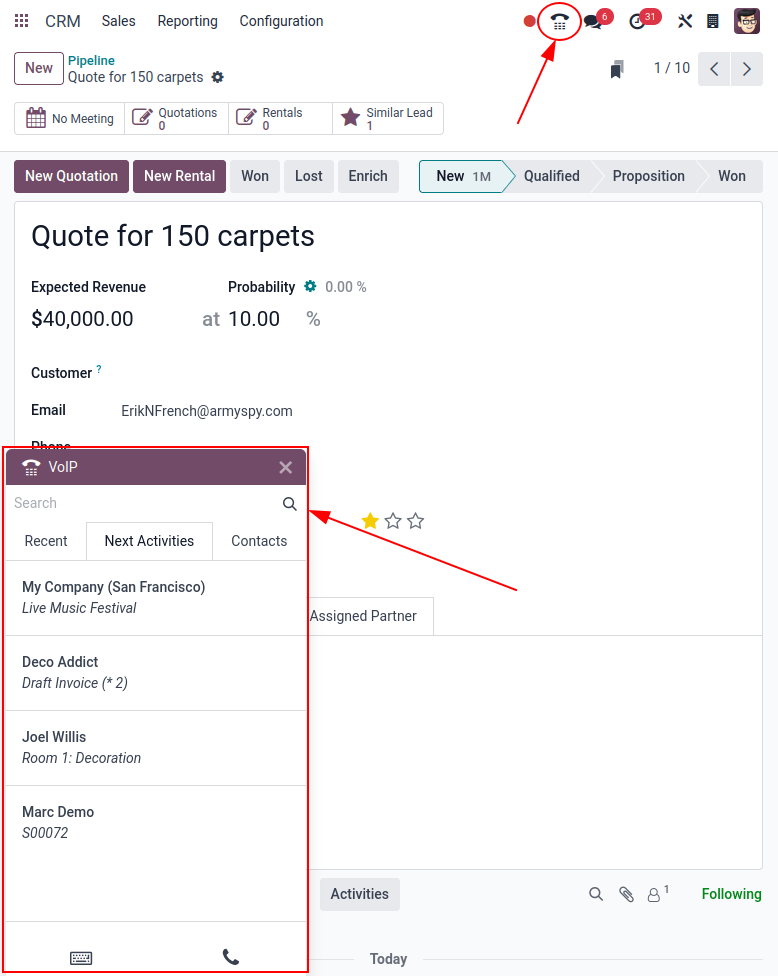 View of CRM leads and the option to schedule an activity for *NightPOS Discuss*.