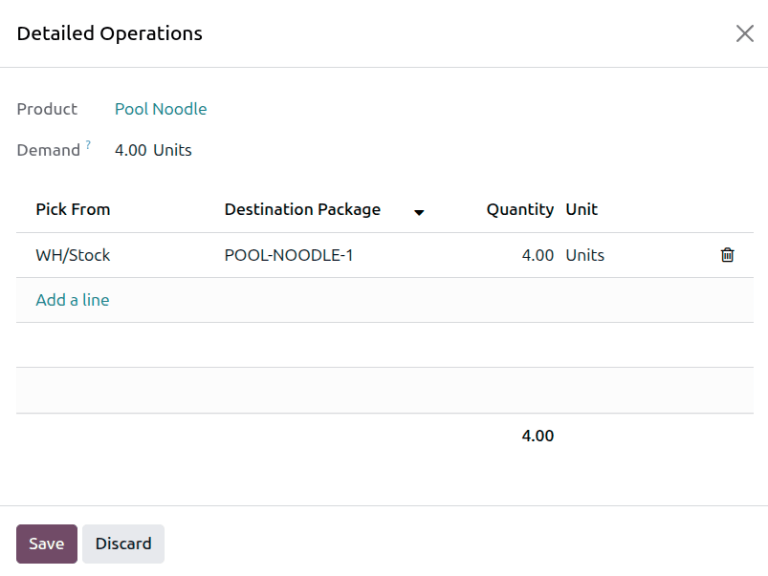 The Detailed Operations pop-up for a product in a delivery order.