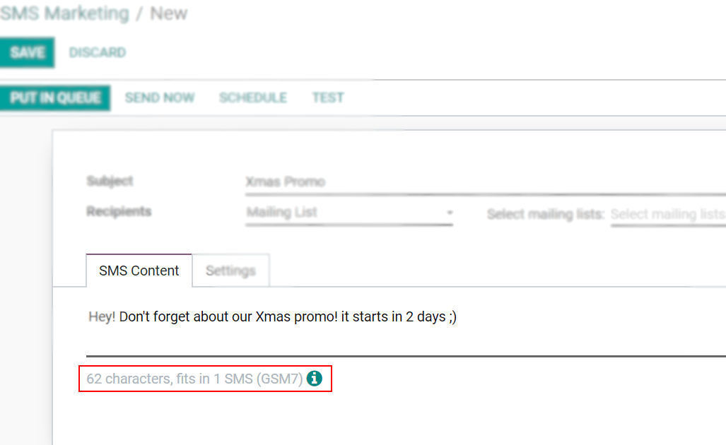 Number of GSM7 characters that fit in an SMS message in NightPOS SMS Marketing.