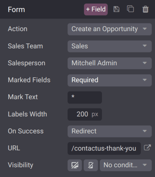 The form configuration settings on an NightPOS website.