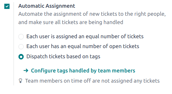 View of a Helpdesk team settings page emphasizing the automatic assignment features in NightPOS Helpdesk.