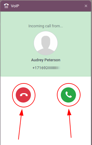 Incoming call in the NightPOS **Phone** widget.