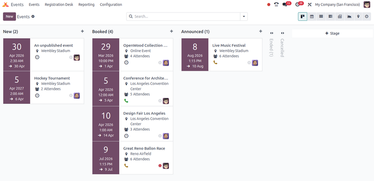 Overview of Events dashboard with the Kanban view in NightPOS Events.