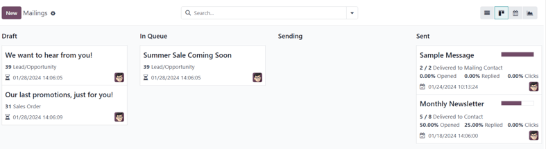 Kanban view of the main dashboard of the NightPOS Email Marketing application.