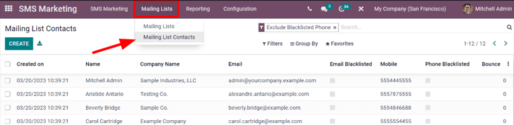 View of the mailing lists contact page in the NightPOS SMS Marketing application.
