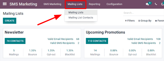 View of the main SMS mailing list page on the NightPOS SMS Marketing application.