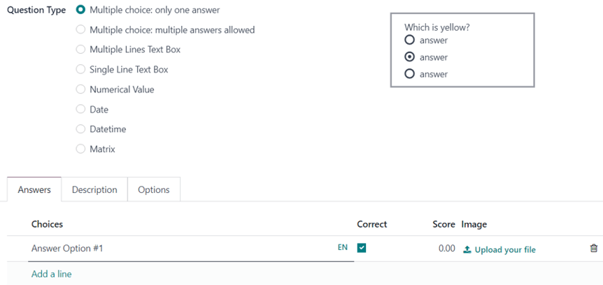 The answer tab with a multiple choice answer option selected in NightPOS Surveys.