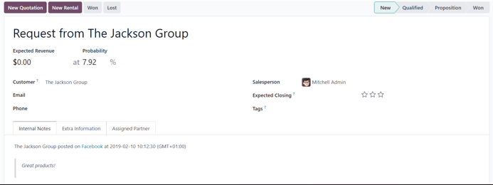 New lead detail form generated from a social media comment in NightPOS Social Marketing.
