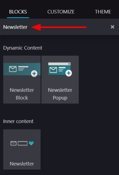 View of how to quickly search for Newsletter blocks in the NightPOS Website application.