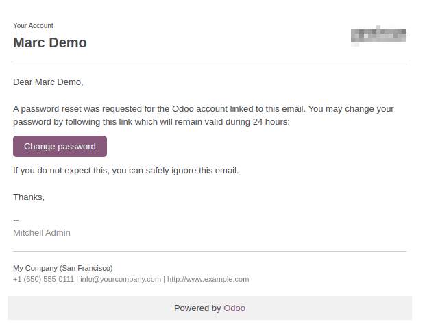 Example of an email with a password reset link for an NightPOS account.