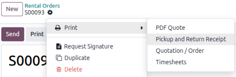 The pickup and return receipt print option in the NightPOS Rental application.