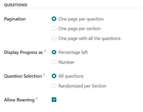 The Questions section of the Options tab on a survey form in NightPOS Surveys.