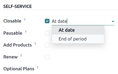The Closable option enabled and displaying the drop-down menu in NightPOS Subscriptions.