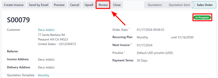 Renew button on subscription sales order with NightPOS Subscriptions.