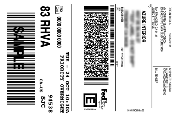 Sample label generated from NightPOS's shipping connector with FedEx.