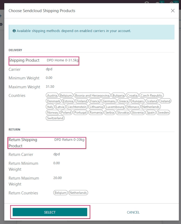 Example of shipping products configured in NightPOS.