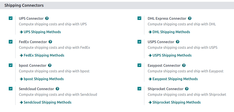 Options of available shipping connectors in NightPOS.