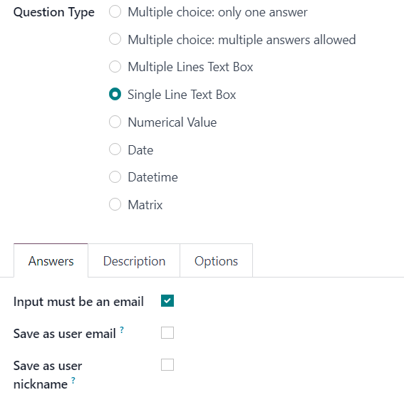 The Single Line Text box question type answers tab in NightPOS Surveys.