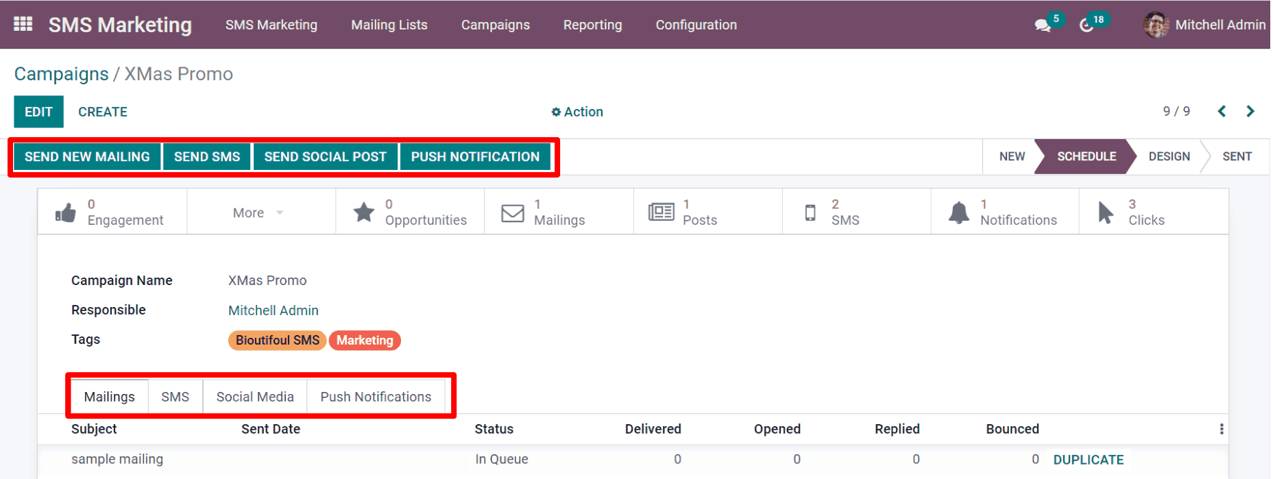 View of an SMS campaign template in NightPOS SMS marketing.