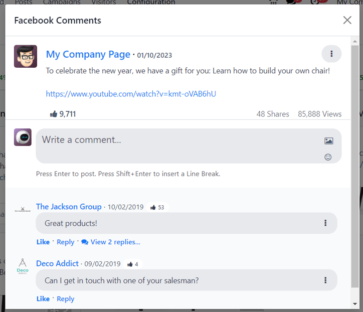Sample of a social media post's pop-up window in NightPOS Social Marketing application.