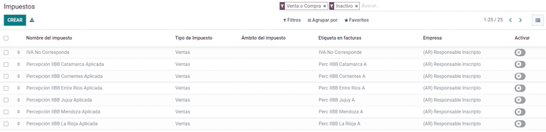 A list showing less common Argentinean tax options, which are labeled as inactive in NightPOS by default.