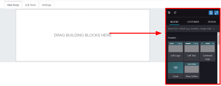 View of the building blocks in the Mail Body tab in NightPOS Email Marketing application.