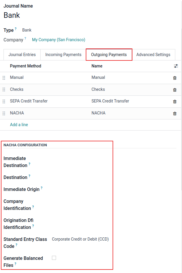 NACHA (National Automated Clearing House Association) configuration settings on NightPOS.