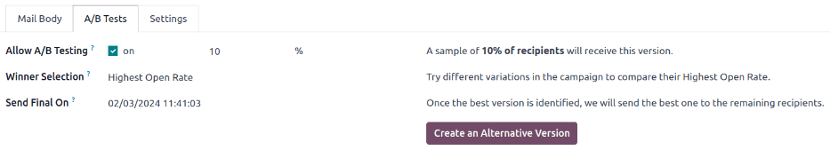 แท็บ A/B Tests พร้อมช่อง Allow A/B Testing ที่ทำเครื่องหมายไว้เพื่อสร้างเวอร์ชันอื่น