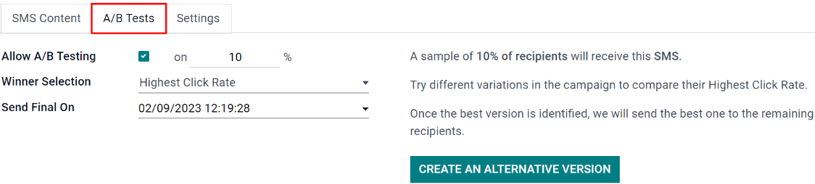 The A/B Test tab is located on an NightPOS SMS Marketing app campaign form.