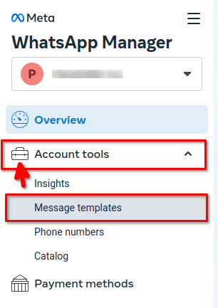 เครื่องมือบัญชีที่เน้นใน business manager พร้อมกับลิงก์จัดการเทมเพลตที่เน้น