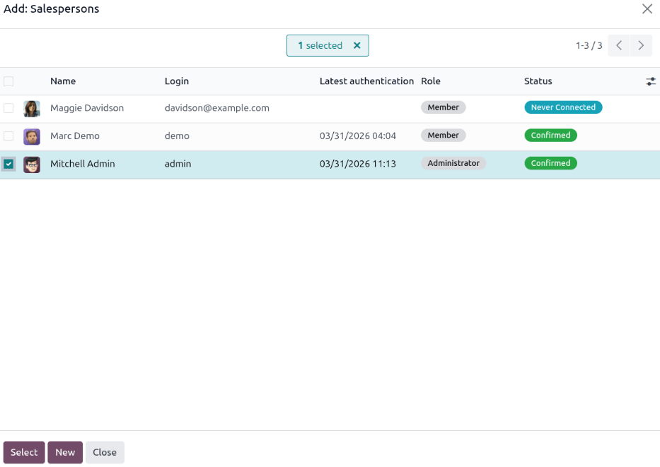 หน้าต่างป๊อปอัปเพิ่ม: พนักงานขาย ในทีมขายใหม่โดยเลือก Mitchell Admin