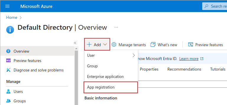 หน้าการจัดการ Microsoft Azure โดยมี + เพิ่ม และเมนูการลงทะเบียนแอปที่ถูกเน้น