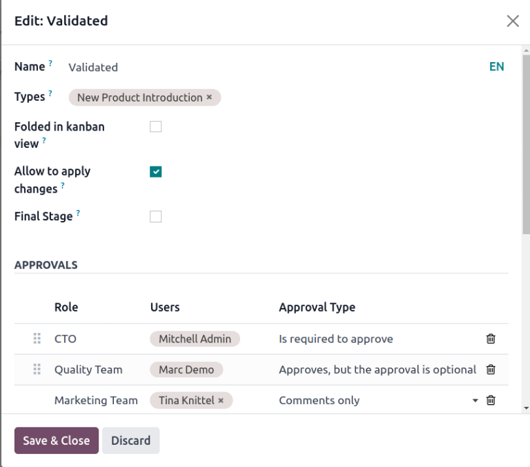 ตั้งค่าผู้อนุมัติที่ "Is required to approve" ECOs ในขั้นตอน "Validated"