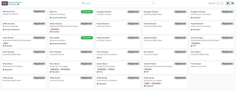 The Attendees page, via the Registration Desk, located in the NightPOS Events application.