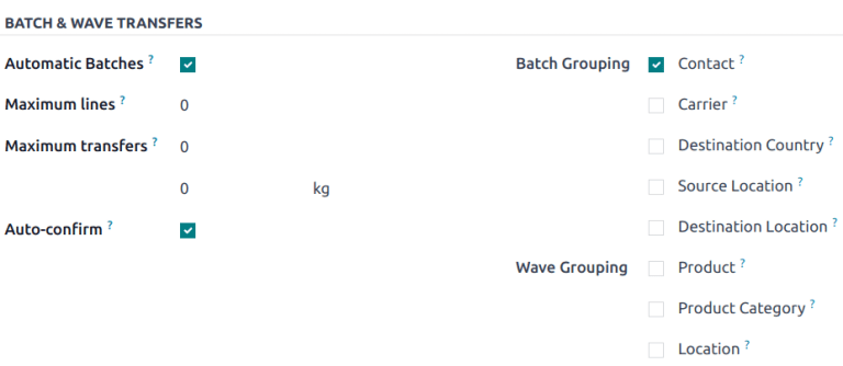 หน้าการตั้งค่าชุดงานและ Wave Transfers พร้อมเกณฑ์การจัดกลุ่มชุดงานอัตโนมัติที่มองเห็นได้
