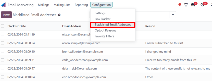 View of the blacklisted email addresses page in NightPOS Email Marketing.