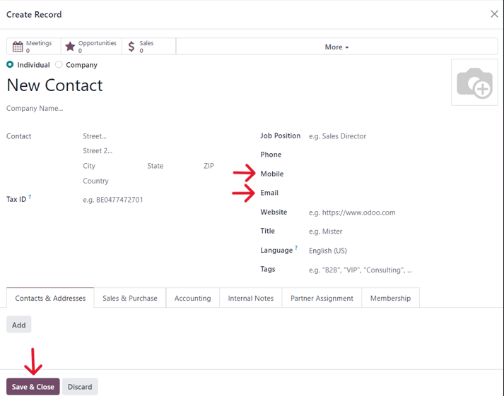 A blank contact form from a launch test pop-up window in NightPOS Marketing Automation.